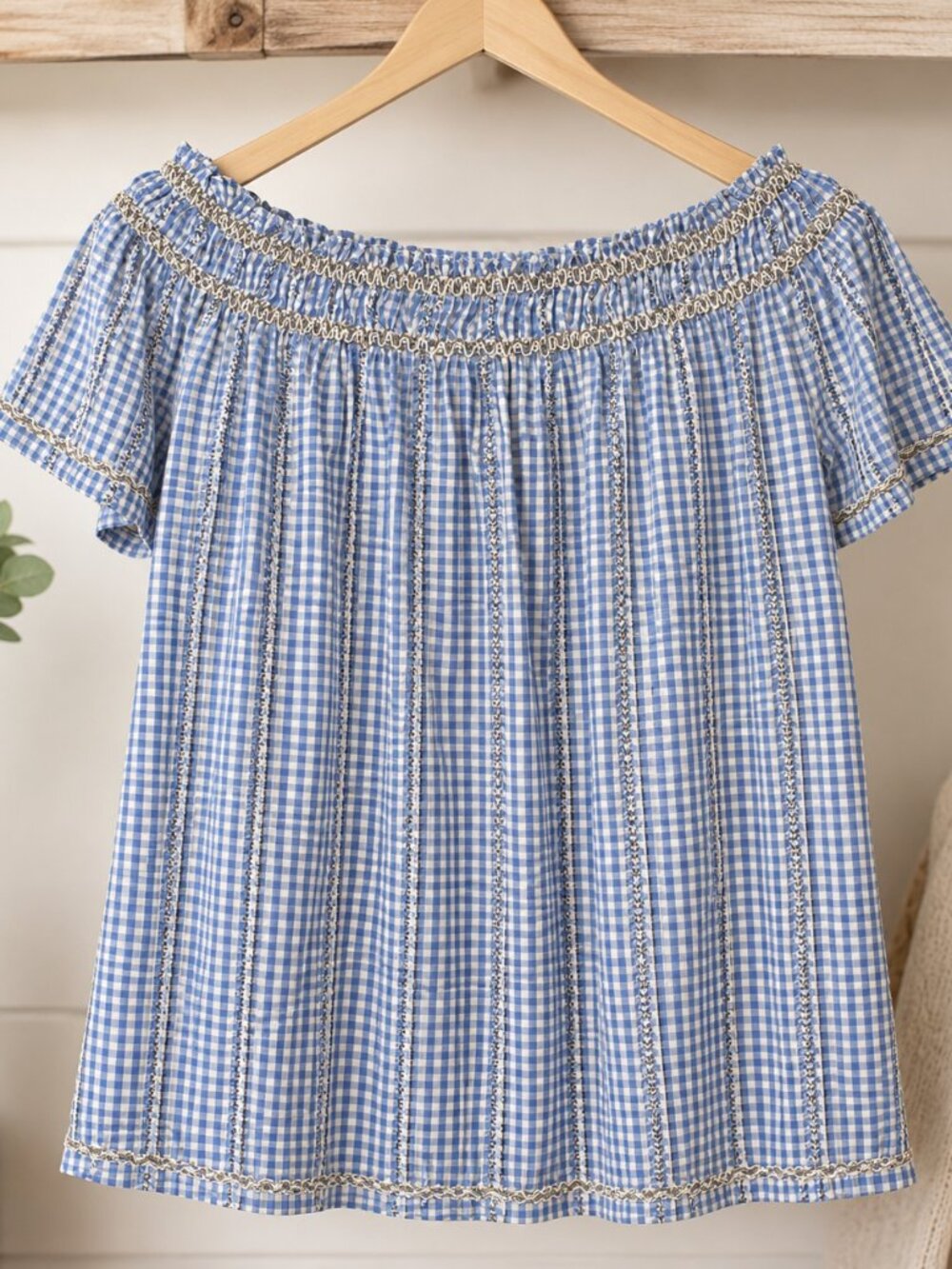 Max Studio Blue Gingham Off Shoulder Top Size L NWT - Picture 2 of 9